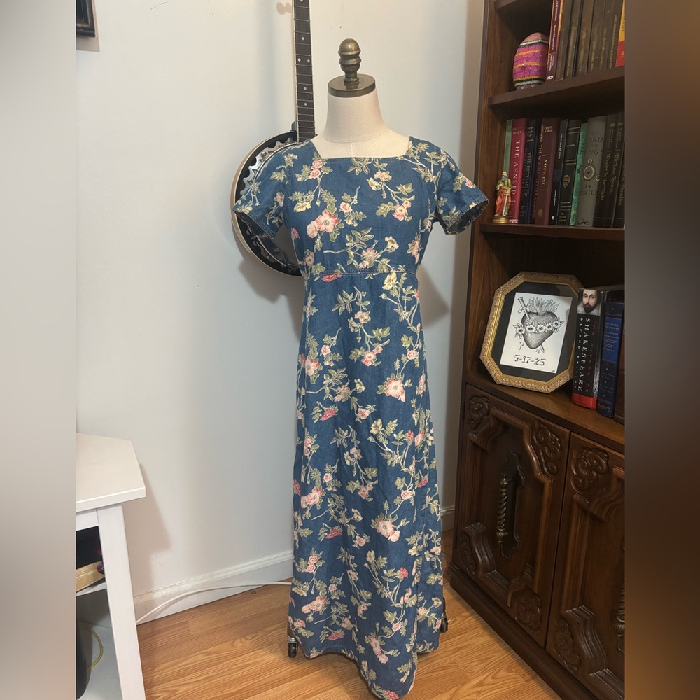 VTG 1990s Liz Claiborne Floral Denim Maxi Dress SZ 4